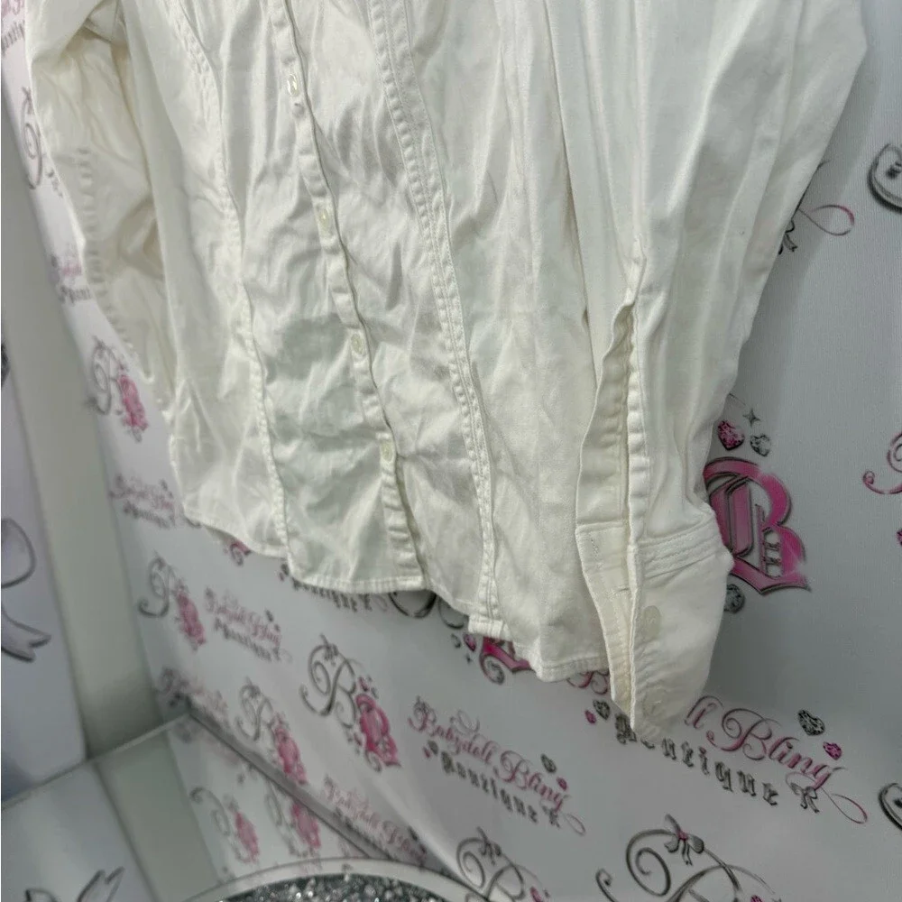 Cleo long sleeve shirt button up  cream White Shirt collared shiny buttons - Picture 5 of 13